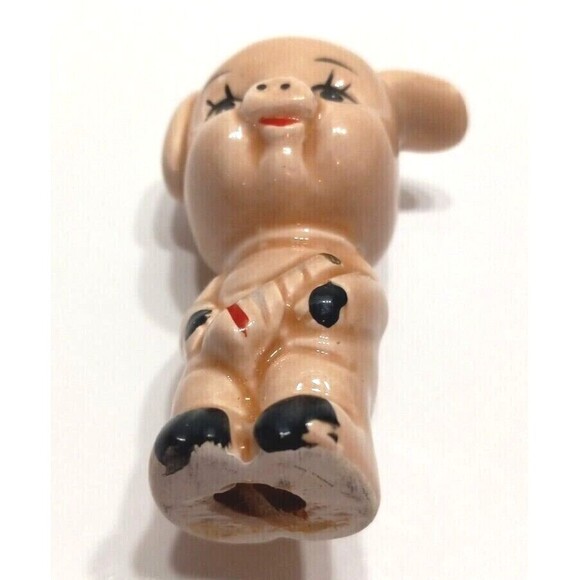 Porcelain Pink Pig Figurine 2 Inch Vintage Collectible Big Eyes One Ear Up Happy - Picture 6 of 10